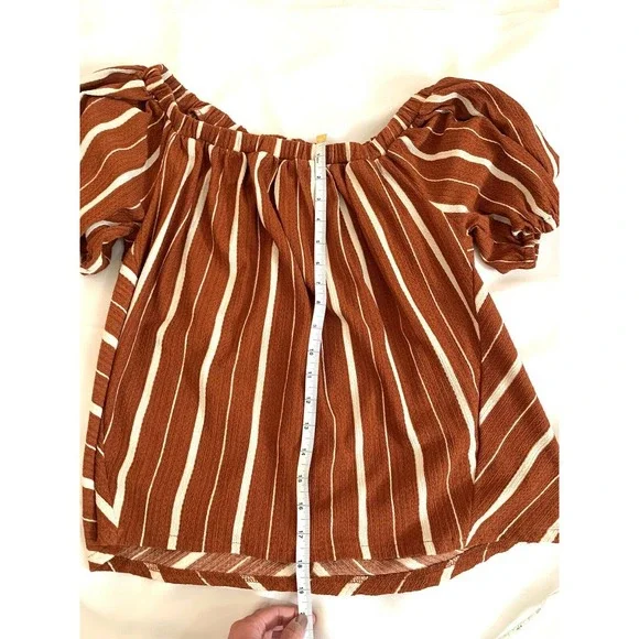 Anthropologie Womens Off The Shoulder Top Rust & White Stripe Elastic Neckline S - Picture 6 of 9